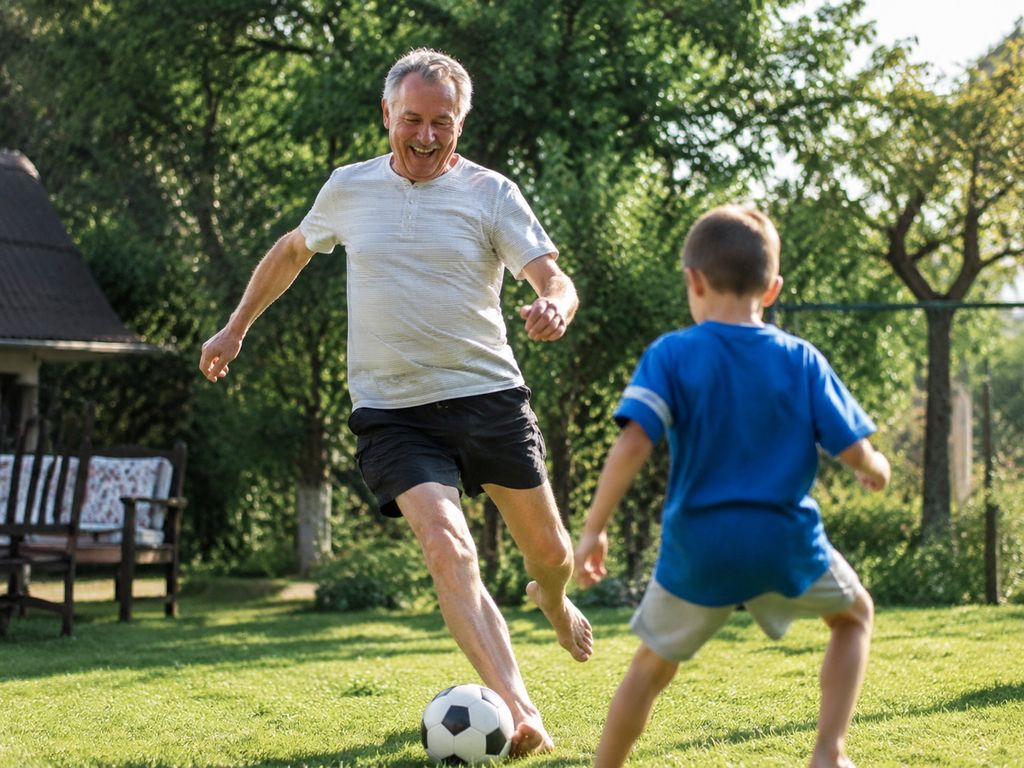 Starší muž hrá futbal so svojím vnukom
